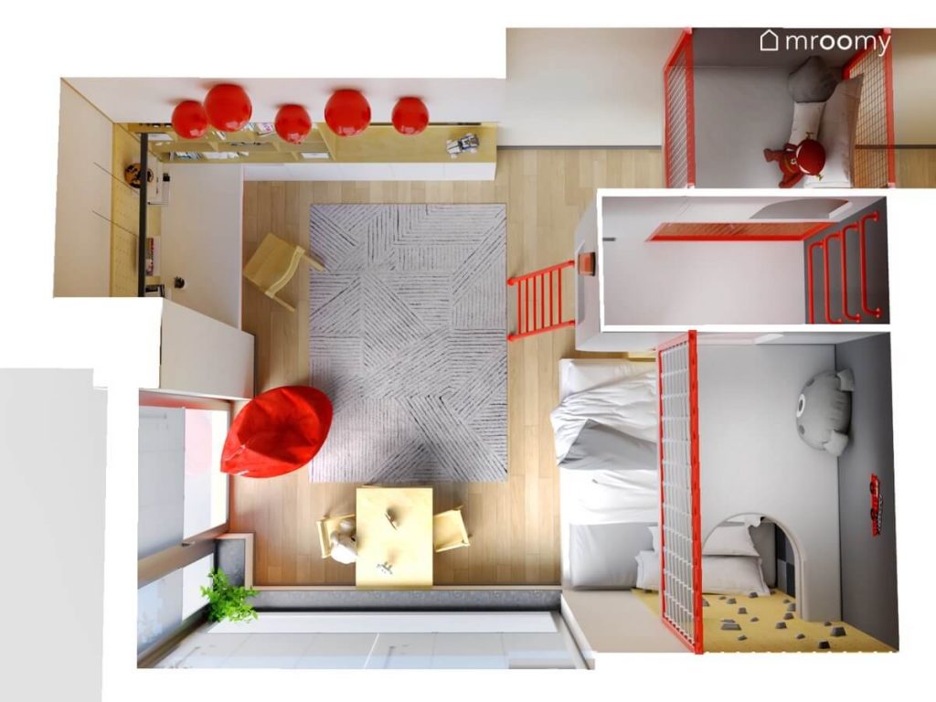 Widok z góry na jasny pokój kilkuletniego chłopca z czerwonymi dodatkami oraz na antresolę składającą się z trzech mini pomieszczeń