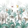 wzór tapety jungle malumi tapeta ze słoniem, żyrafą i małpą na tle palmowych liści