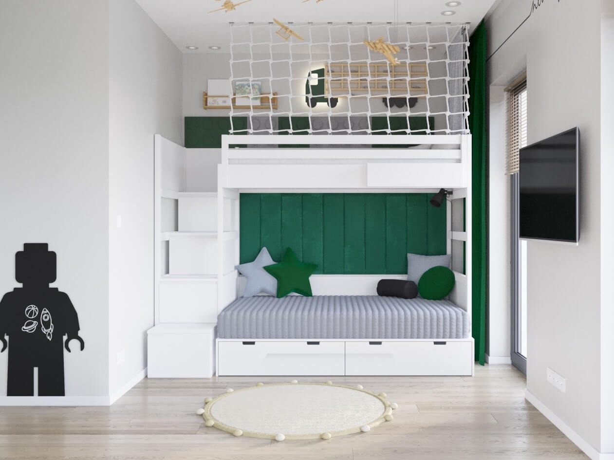 białe łóżko piętrowe ze schodami i szerokim dolnym łóżkiem w pokoju dziecka
